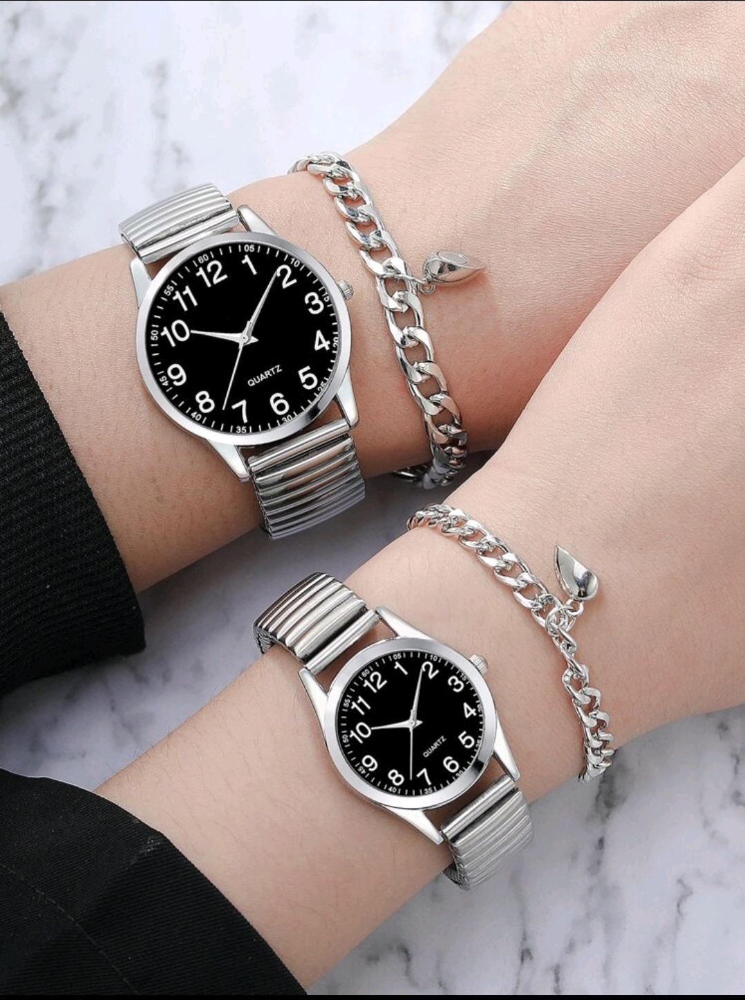 RELOJES METALICO PAREJA CUARZO PUNTERO REDONDO 2 PULSERAS PAREJA CORAZON DIAMANTADO R11